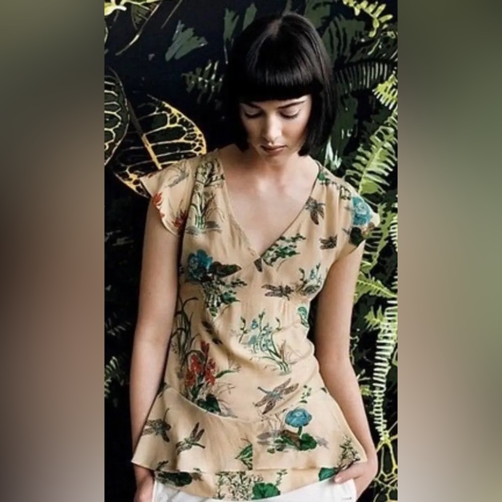 Anthropologie Mermaid Dragonfly Floral Silk Blouse 2